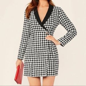 Shawl Collar Button Front Plaid Blazer Tweed Dress